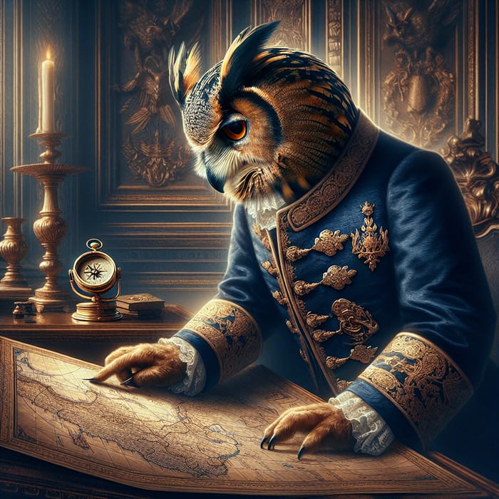 Regal Owl in Royal Navy Attire Studying Detailed Map with Compass