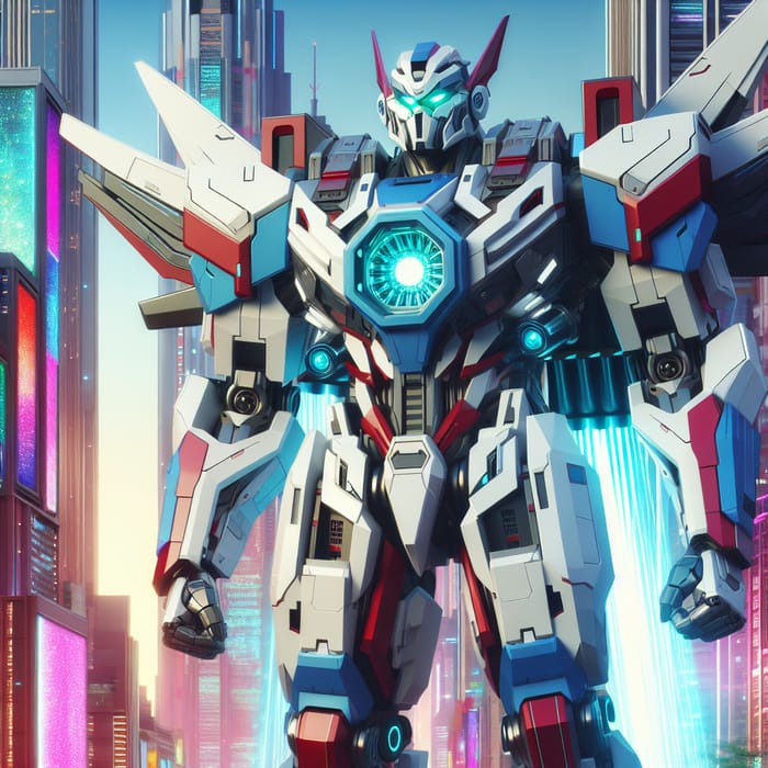 Futuristic Gundam Robot in Vibrant Cityscape | White, Blue & Red