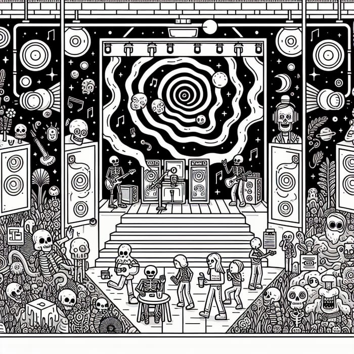 Surreal Cyberpunk Poster: Stage, Interacting People, Cosmic Doors
