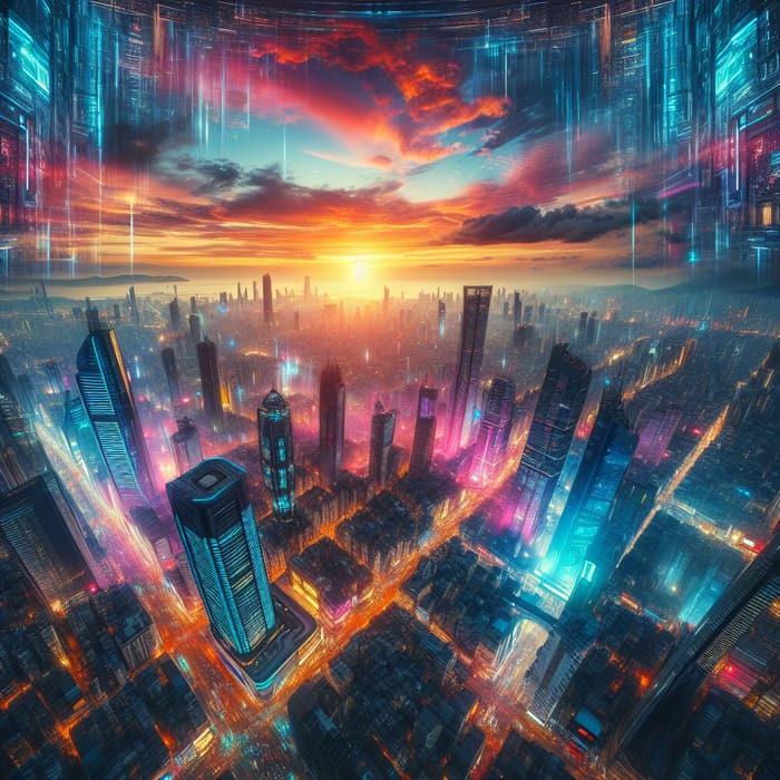 Neon Cityscape at Sunset | Cyberpunk Urban Dystopia View