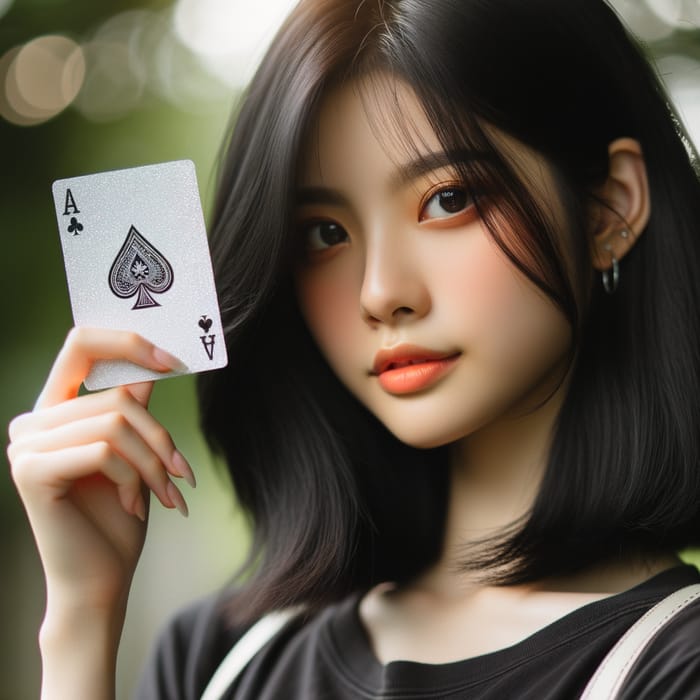Confident Asian Girl Holding Glowing Poker Ace Card