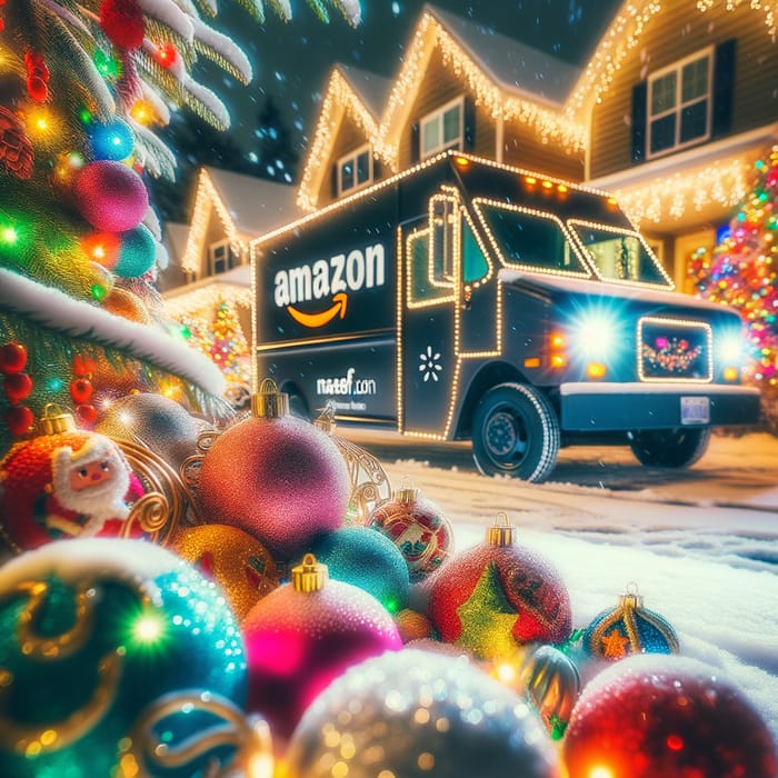 Festive Holiday Amazon Delivery Van in Snowy Neighborhood