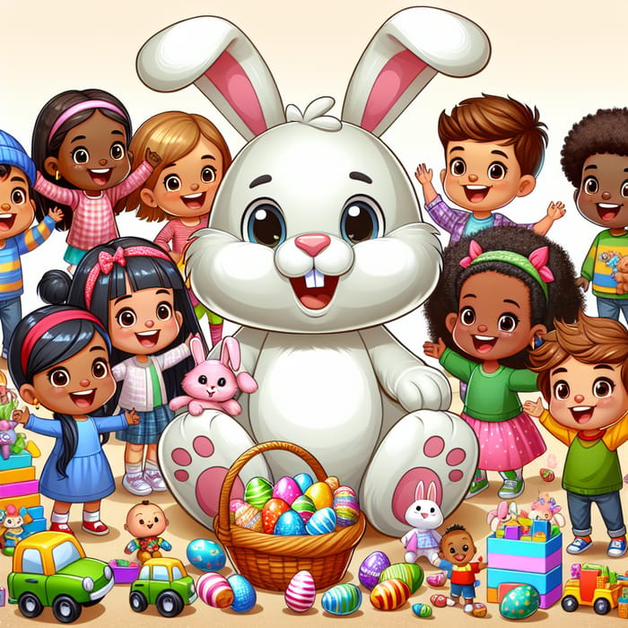 Easter Bunny and Diverse Cartoon Kids Enjoying Easter Fun