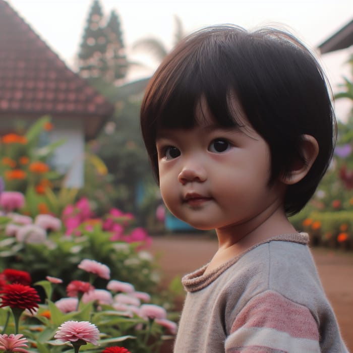 Adorable Indonesian Child Playing in Colorful Flower Garden