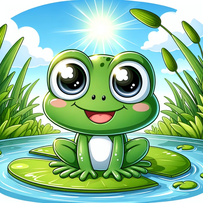 Adorable Pepe Cartoon Frog on Lilypad in Serene Pond