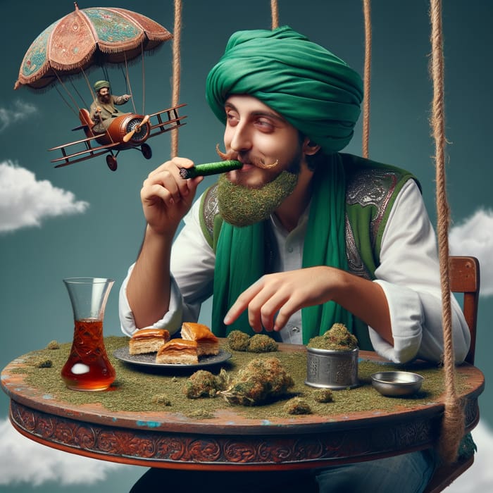 Turkish Man Enjoying Herbal Cigar & Eating Baklava on Flying Table