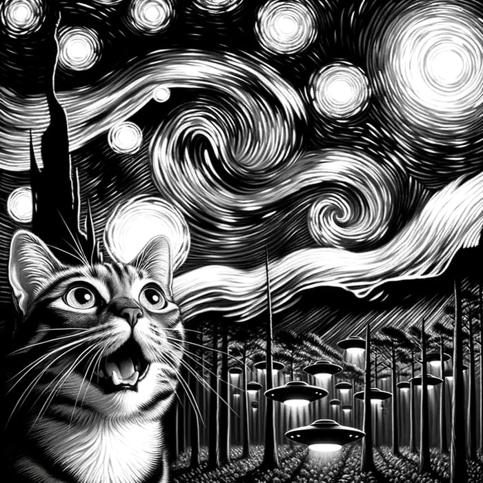 Mesmerized Cat and UFOs in Vincent Van Gogh Style
