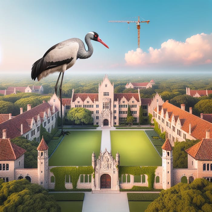Picturesque University Campus with Spanish Architecture and Graceful Crane