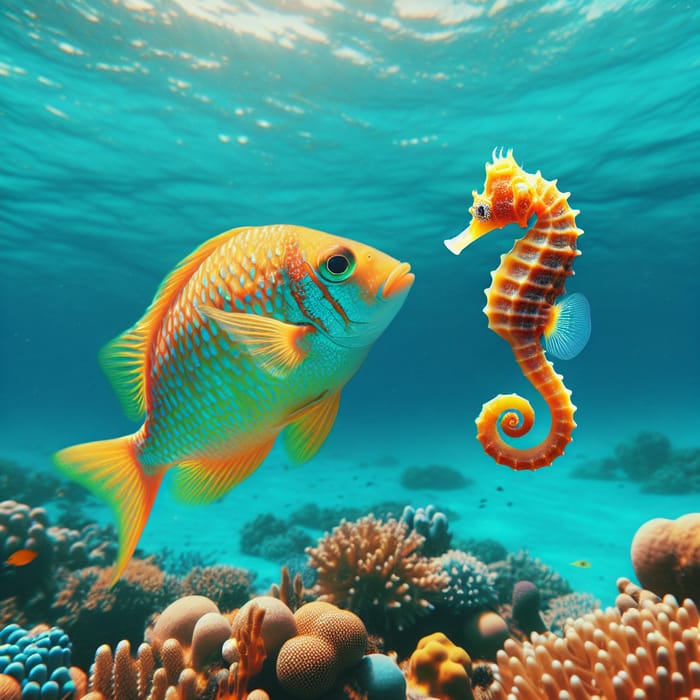 Fish Swimming with Seahorse in Ocean