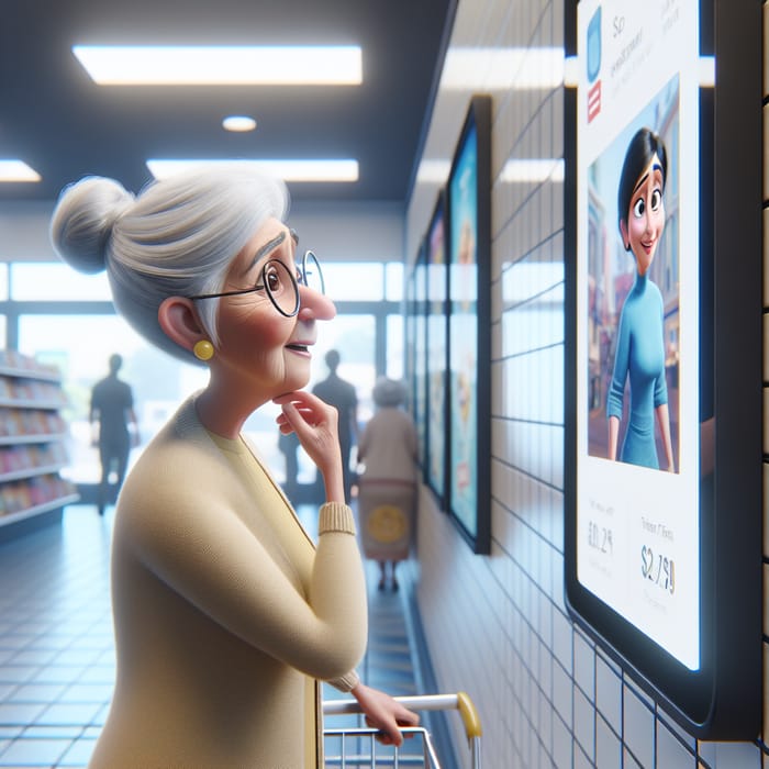 Pixar-Style Elderly Woman in Store Digital Signage