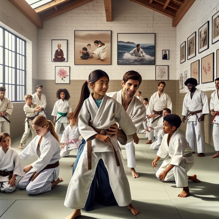 Diverse Group of Children Practicing Aikido in Kimono