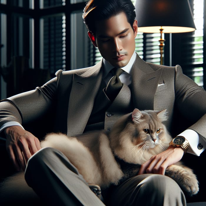 Elegant Thai Man with Lap Cat in Bespoke Suit