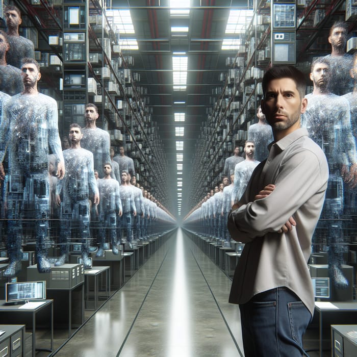 Man and Digital Clones in 3D Render