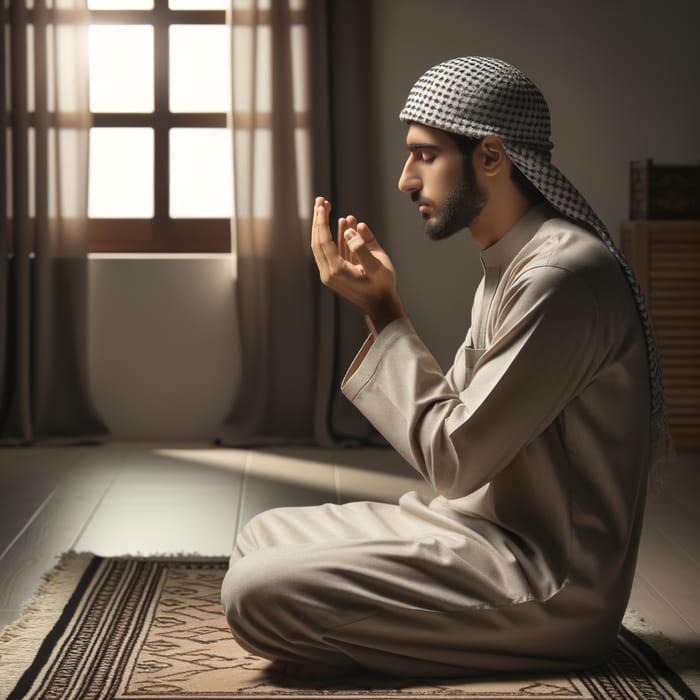 Muslim Man in Prayer on Carpet with Raised Hands