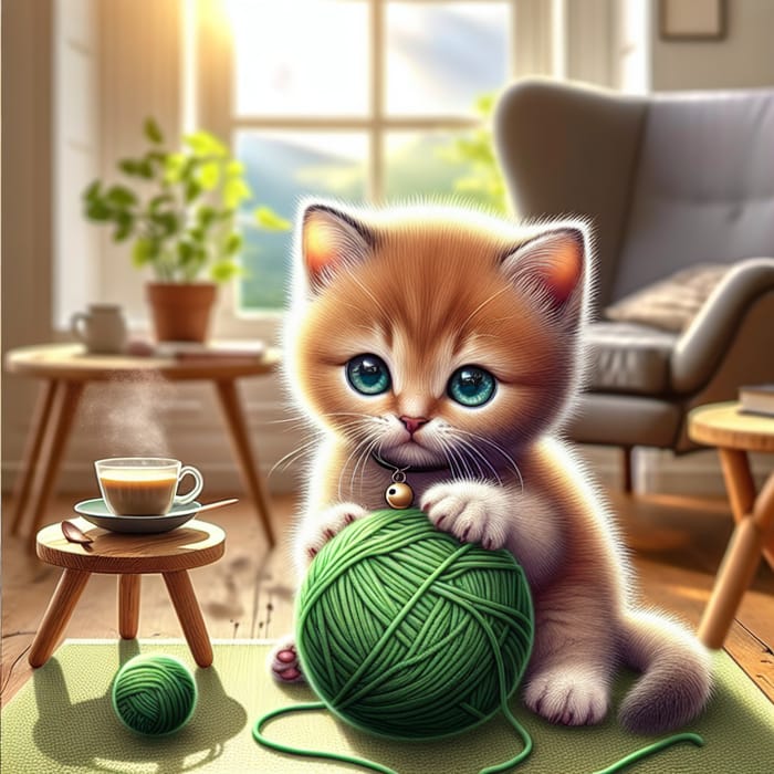 Adorable Young Kitten Playing with Green Wool in Cozy Setting