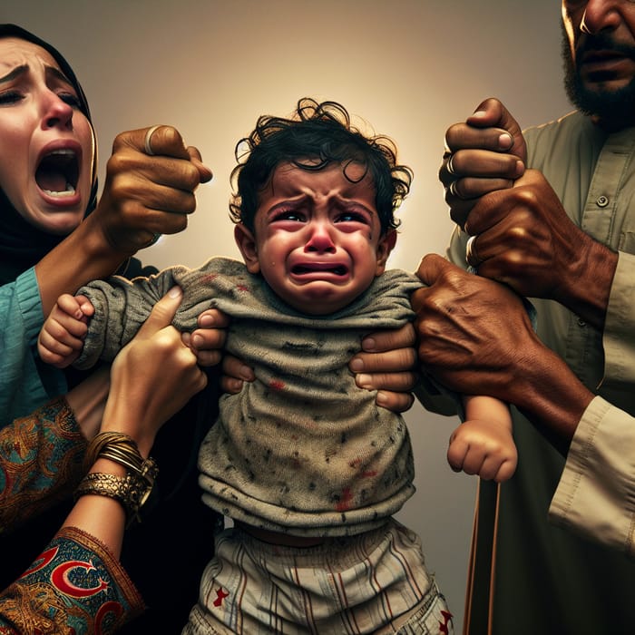 Crying Libyan Child Caught in Intense Family Tug-of-War Scene