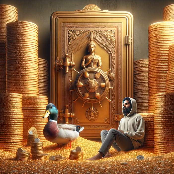 Indian Man Comfortably Surrounded by Golden Coins
