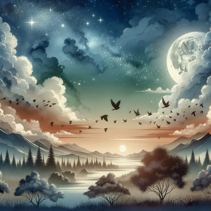 Tranquil Nature Wallpaper: Birds in Sky, Moonlight, Anime Style - 4k Resolution