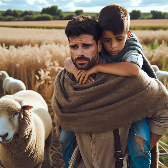 Sick Young Shepherd Boy Carried by Farmer