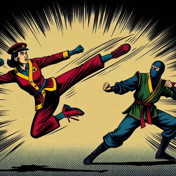 Dynamic Comic Book-Inspired Action Scene | Latex Girls Clash - Colorful Kick Showdown