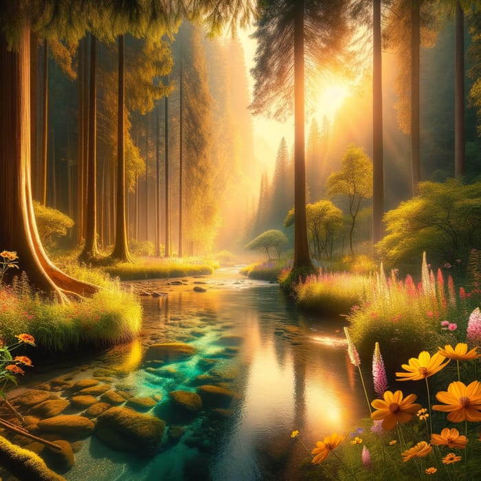 Enchanting Forest Scene: Towering Trees, Crystal River, Wildflowers
