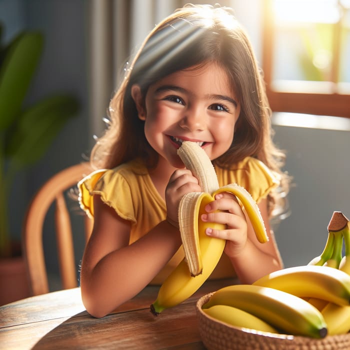 Happy Hispanic Girl Eating Banana - Nutritious and Joyful Snack