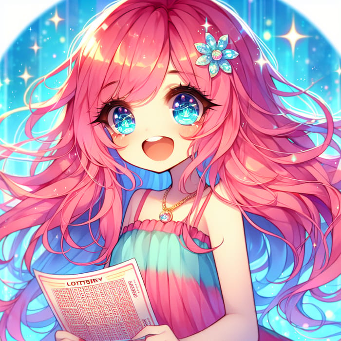 Anime Girl with Vibrant Pink Hair and Lottery Ticket