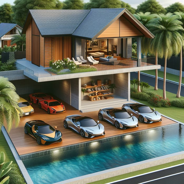 130 sqm House with 2 Floors, Natural Pool, Palm Trees, & Sport Cars