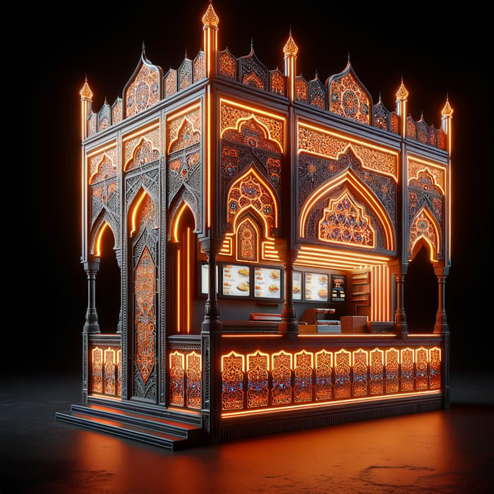 Intricate Arabic Food Kiosk Design with Neon & Orange Theme