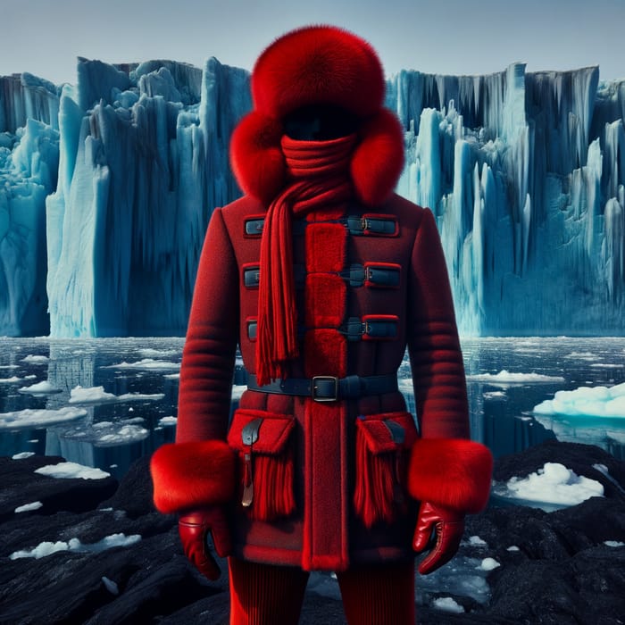 Red Man on Dark Arctic Ice: Winter Exploration Adventure