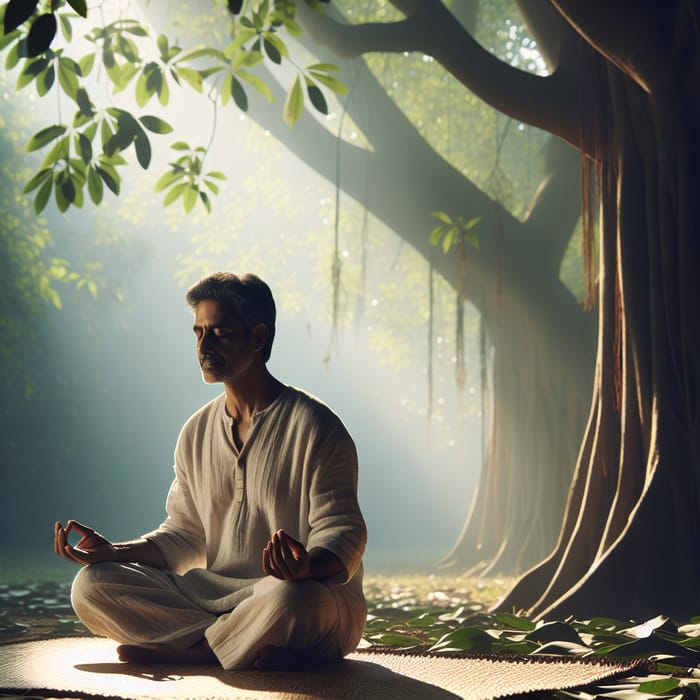 Serene Meditation in Nature - South Asian Man Deep in Tranquil Practice
