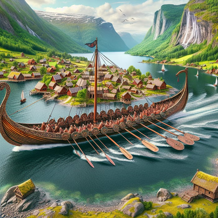 Majestic Viking Village and Longship in Enchanting Fjord