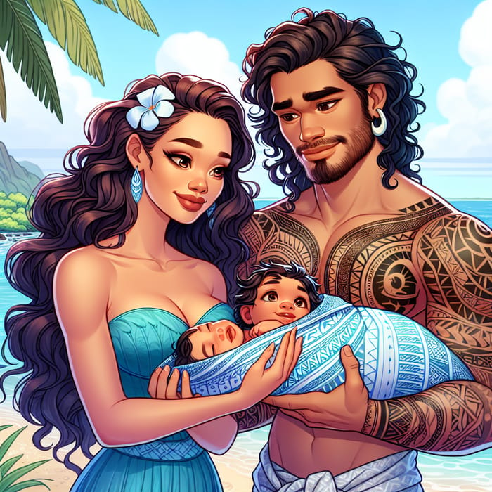 Moana and Maui with Newborn Baby - Heartwarming Family Scene