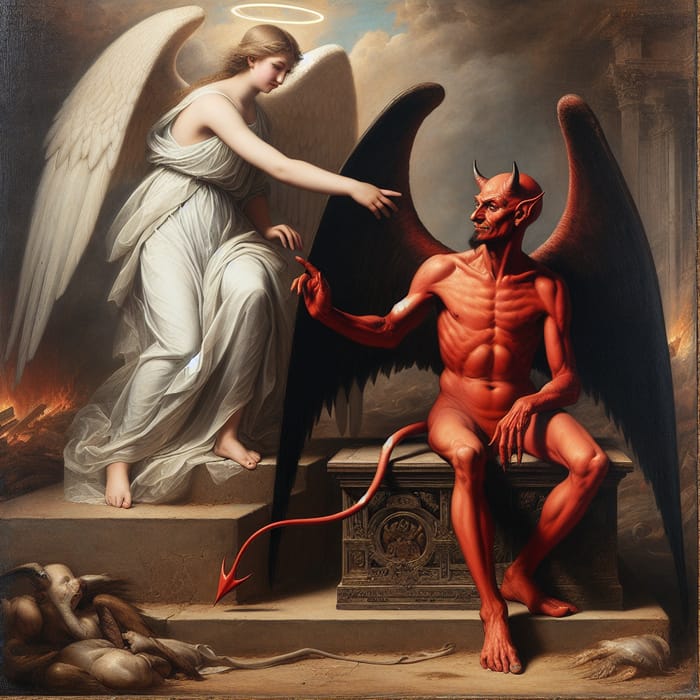 Devil and Angel on Throne: Eerie Encounter in Classic Scene