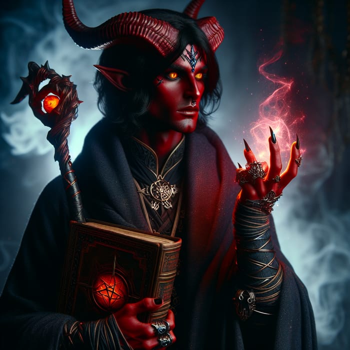 Male Tiefling Warlock | Red Skin, Magical Robes & Staff