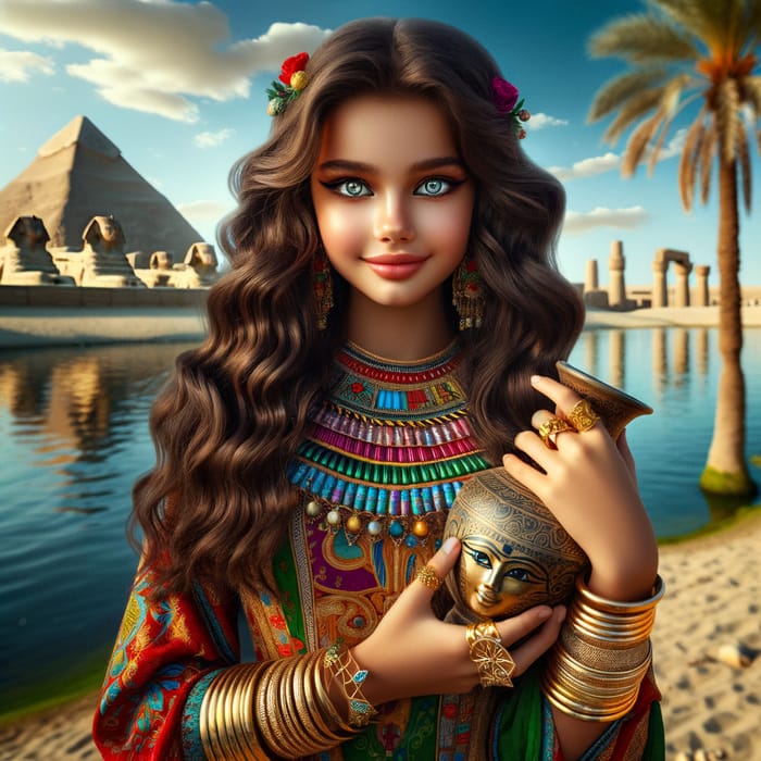 Beautiful Egyptian Girl in Traditional Attire with Scarab Necklace
