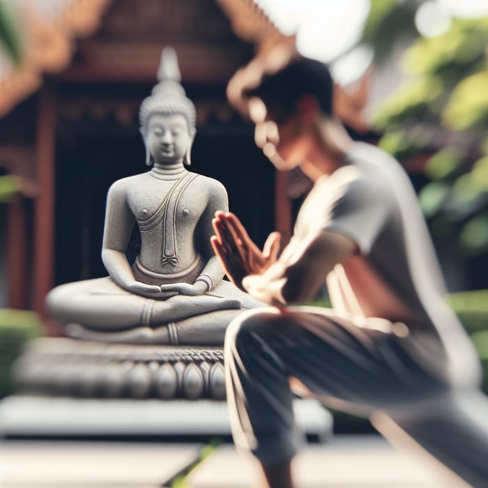 Tranquil Yoga Session with Buddha Statue in Serene Outdoor Setting