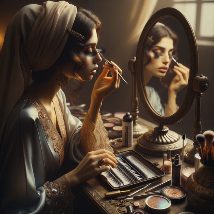 Middle-Eastern Woman Applying False Eyelashes | Makeup Vanity Scene