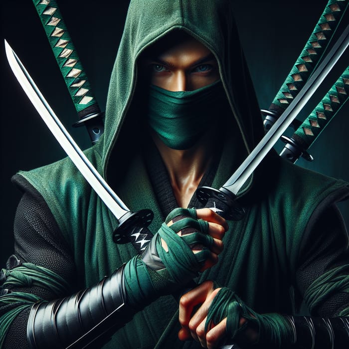 Emerald-Green Ninja in Ready Stance with Razor-Sharp Katanas