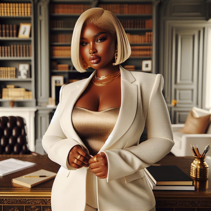 Confident Black Woman in Elegant Office | Stylish Plus-Size Fashion & Elegant Decor