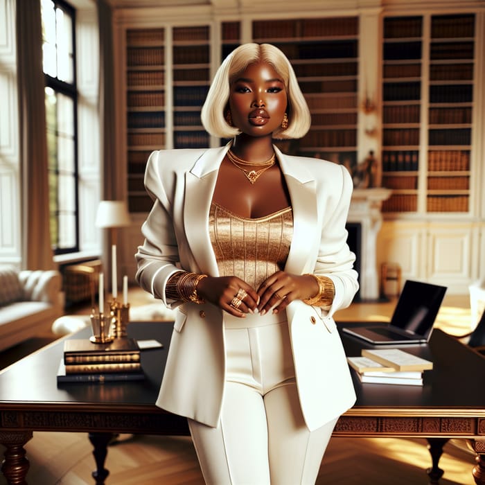 Confident Black Woman in Elegant Home Office | Unique Style & Power