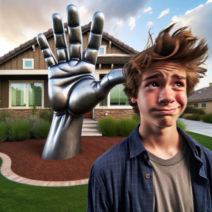 Playful Scene: Suburban House with Boy Slapped by Giant Hand