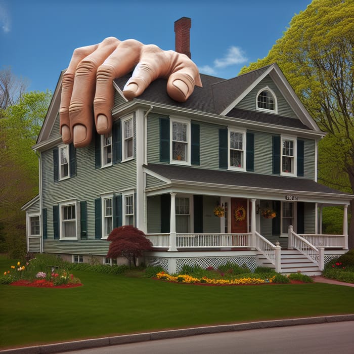 Whimsical Colonial House with Surreal Hand Design