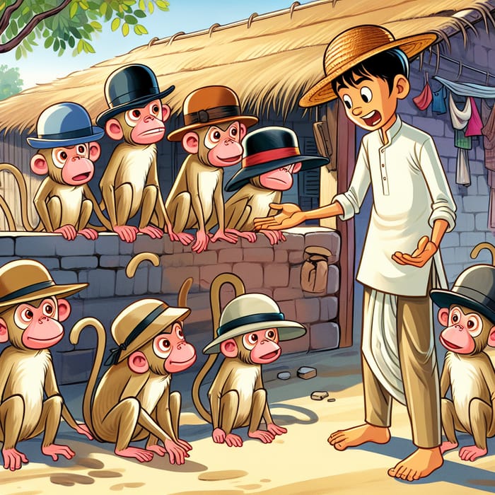 Angry Village Man Scolding Hat-Wearing Monkeys in Cartoon Style