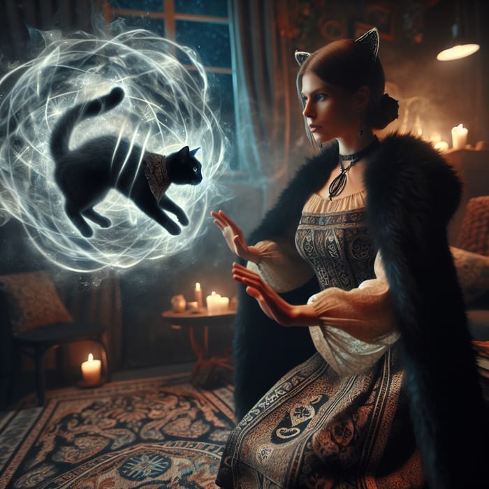 Enchanting Black Fur Coat Witch Transformation Into Cat