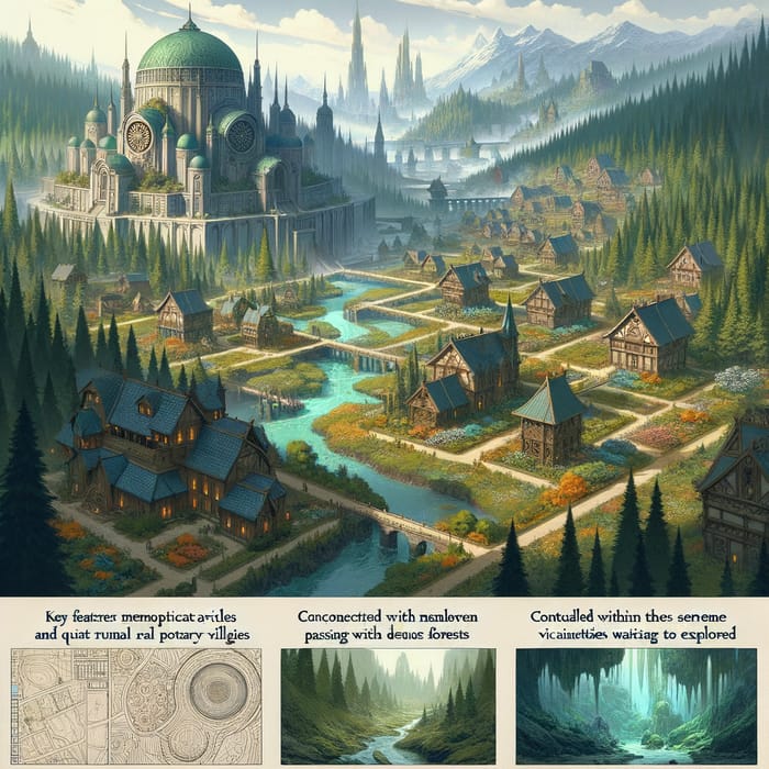 Expansive World Design like Skyrim, featuring Cities, Villages, Forests, Rivers, and Caves