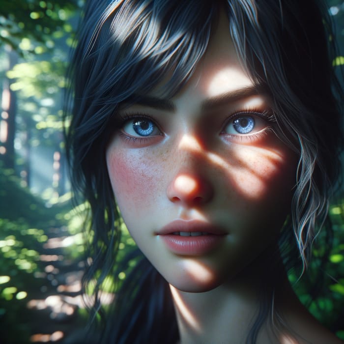 Stunning Forest Portrait: 4K Cinematic Close-Up of Blue-Eyed Beauty