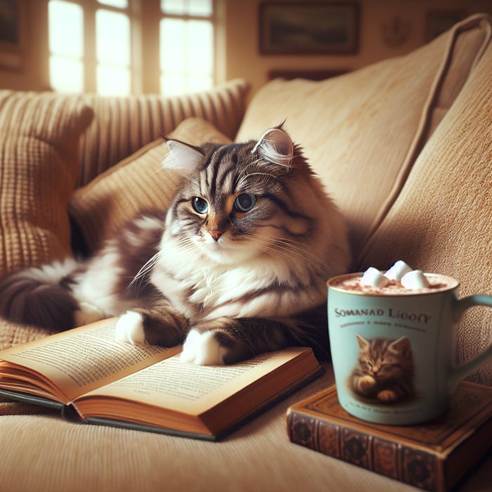 Adventurous Cat Reading a Novel on Cozy Sofa