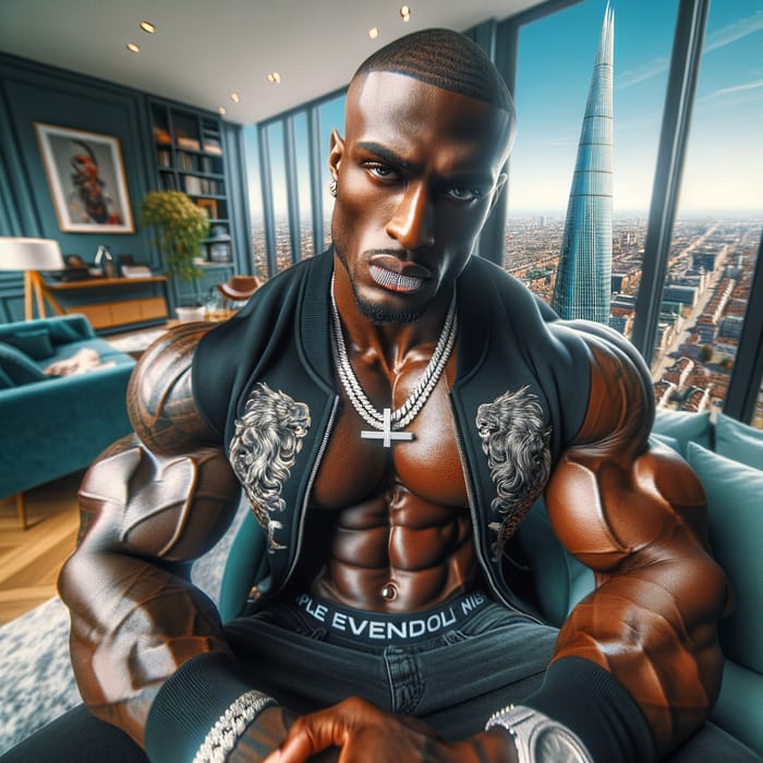 High-Resolution Hyper-Realistic African-American Bodybuilder in Luxury Street Fashion