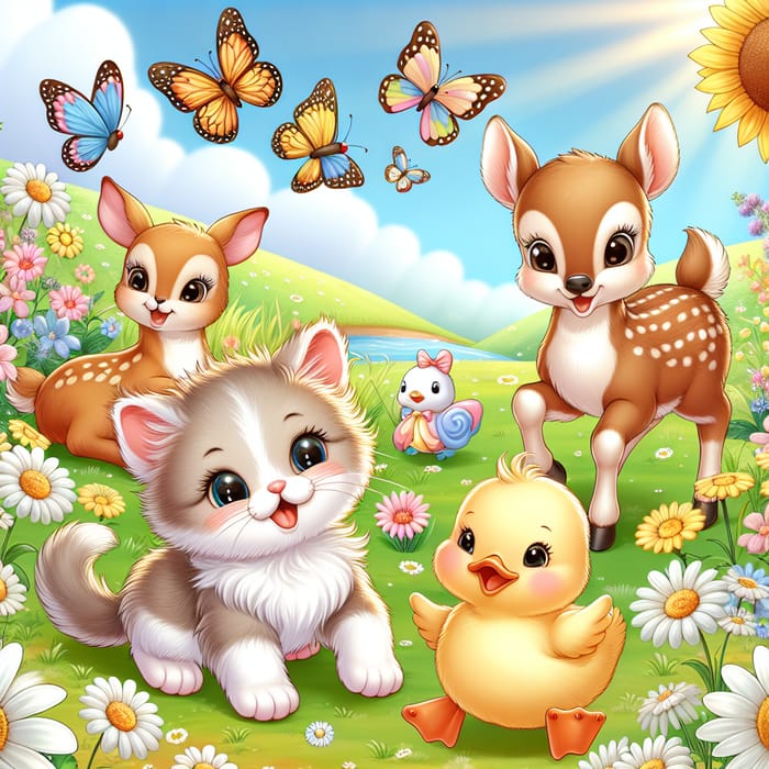 Cute Baby Animals Playing in Meadow